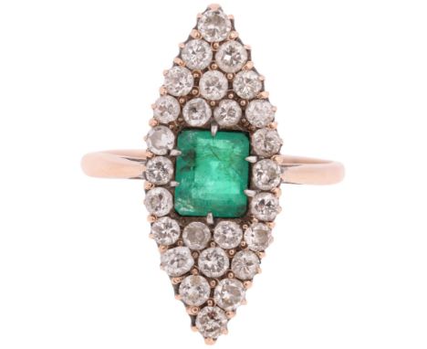 An Antique Victorian Emerald and Diamond Cluster Ring, the marquise-shaped panel centrally claw set with a rectangular step-c