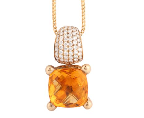 A Citrine and Diamond Pendant Necklace, the drop pendant set with square barrel-cut citrine, suspended from a pave set modern