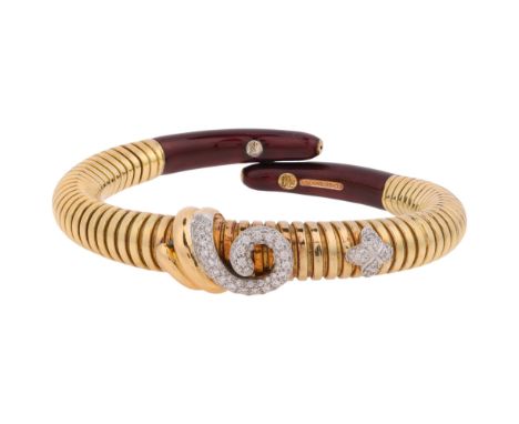 LA NOUVELLE BAGUE - A Diamond and Enamel Bangle, the flexible gas pipe bracelet with spiral and flowerhead applique set with 