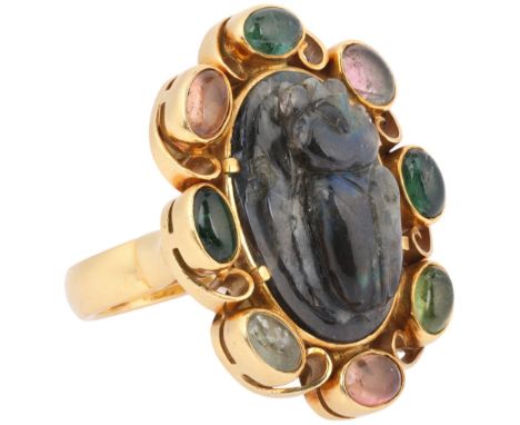 A Labradorite and Gem-Set 'Scarab' Ring, set with a oval carved labradorite modelled as a scarab beetle, within a border of v