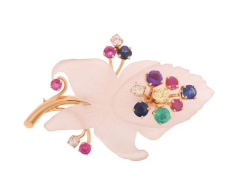 A Vintage Rock Crystal Gem-Set Flower Brooch, French, circa 1950, the flowerhead carved from a single piece of rock crystal, 