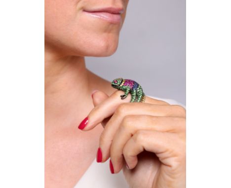 BOUCHERON - A Multi-Gem 'Masy The Chameleon' Ring, circa 2012, designed as a chameleon with curled tail wrapped around the fi