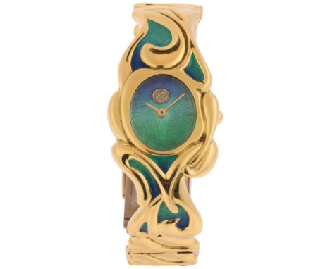 An 18ct Gold and Enamel Bracelet Watch, by Richardson & Ottewill, circa 2004, peacock enamel dial with gilt hands, quartz mov