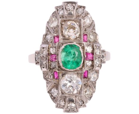 An Art Deco Emerald Ruby and Diamond Plaque Ring, circa 1930, the stepped geometric plaque millegrain set with oval mixed-cut