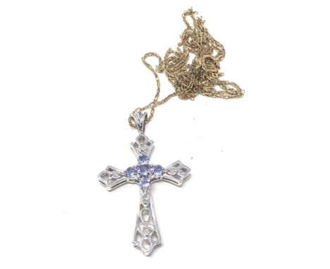 9ct white gold diamond and tanzanite cross pendant with chain (2.7g)