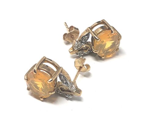 9ct gold vintage yellow gemstone &amp; diamond floral earrings (3.7g)