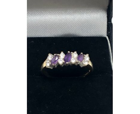 9ct gold amethyst &amp; clear gemstone dress ring (2.3g)