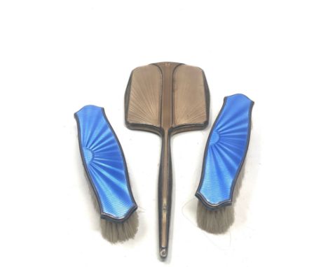 Silver &amp; enamel mirror and 2 brushes