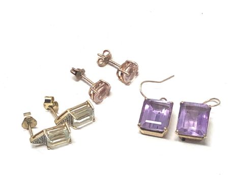 3 x 9ct gold paired gemstone earrings inc. amethyst, morganite, blue quartz &amp; diamond (6.1g)