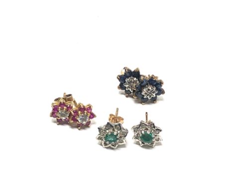 3 x 9ct gold paired gemstone cluster stud earrings inc. emerald, sapphire, ruby &amp; diamond (4.4g)