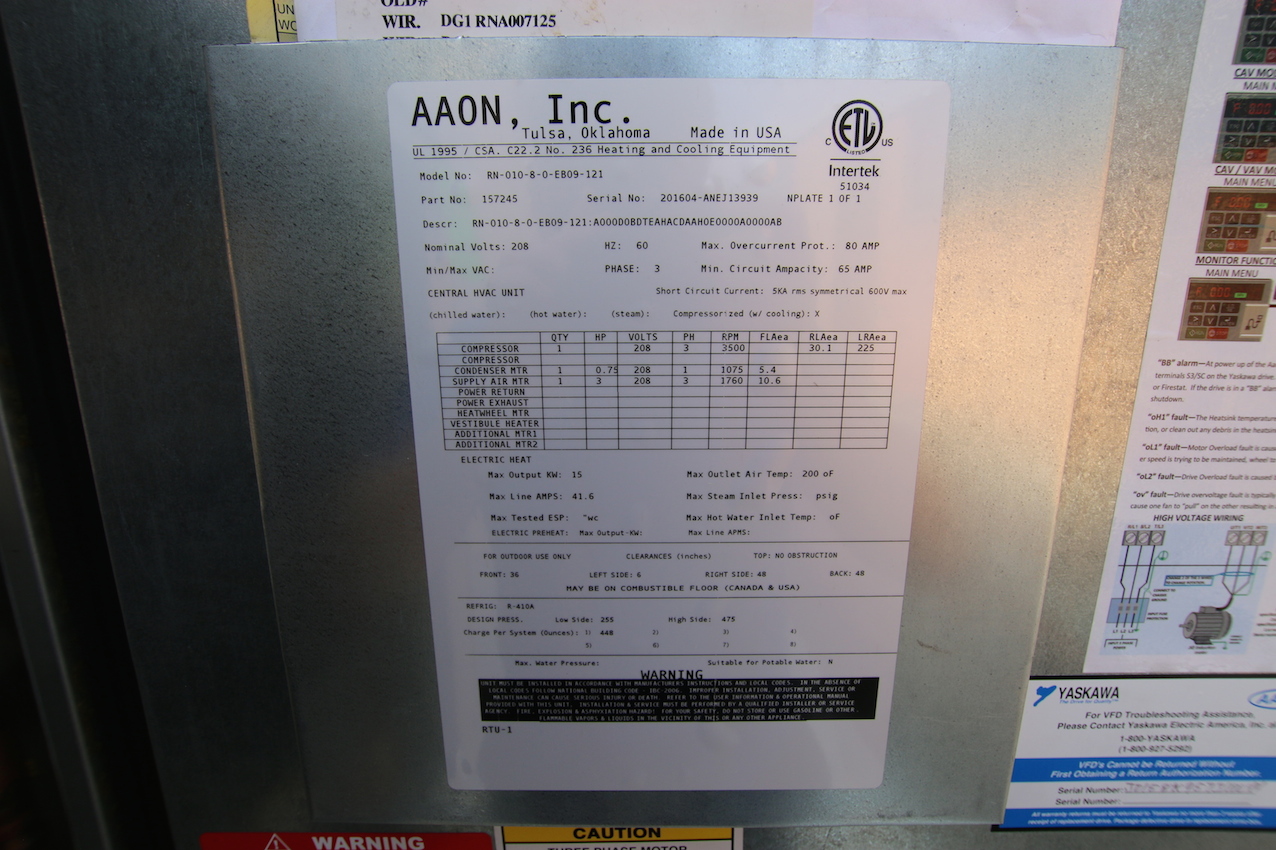 2016 AAON 10Ton Air Handling System Model RN01080EB09121, S/N
