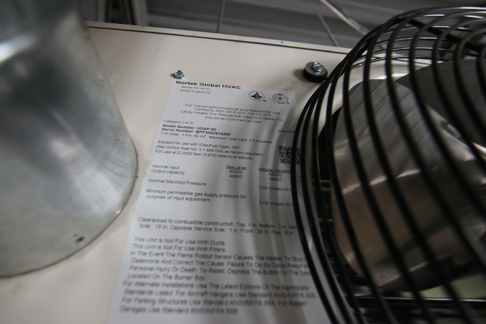 2016 Reznor v3 tCore2 Hanging Furnace, Model UDAP-60, S/N BPF306221495