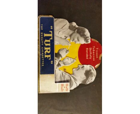 CARRERAS, counter-top showcard for Turf Cigarettes, showing man lighting ladies cigarette, damage to edges, FR
