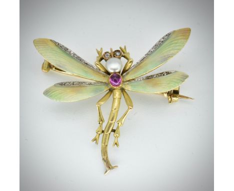 A 14ct gold enamel ruby diamond and pearl figural brooch pin. The brooch in the form of a dragonfly having pearlised enamel w