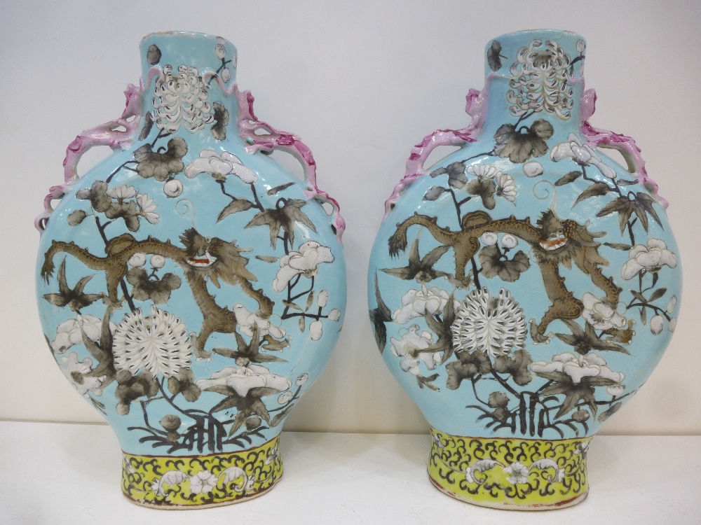 Pair of Antique Chinese Moon flask vases, turquoise ground, decorated