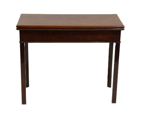George III mahogany card table, rectangular foldover top, square legs, width 92cm, depth 45cm, height 74cm.