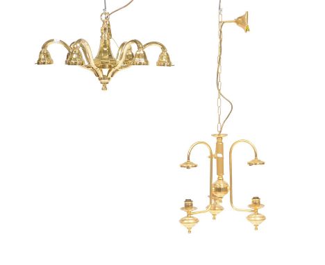 Lacquered brass six-branch ceiling light, 54cm wide; another three-light ceiling light; various glass shades, including set o
