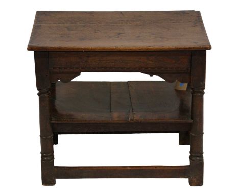 Joined oak low table, 18th Century, boarded rectangular top, four turned legs joined by stretchers, perhaps later shelf, 66x4