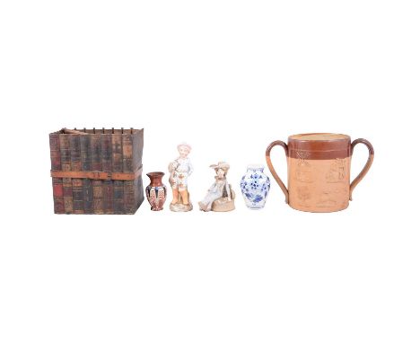 Ceramics and ornaments, various, plus a book biscuit tin, as found, mantel clock.