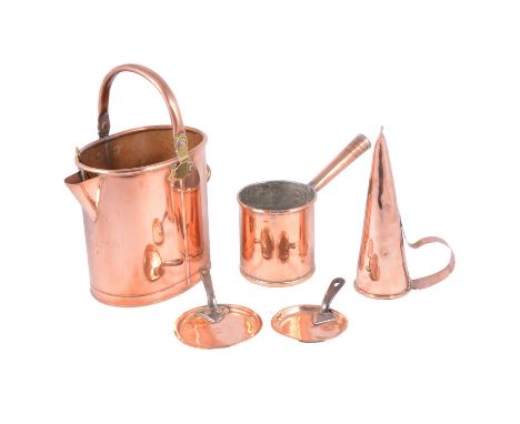 Quantity of brass and copperware, mostly kitchenalia, including cider ladel, measuring jugs, funnels, kettle, measures, water