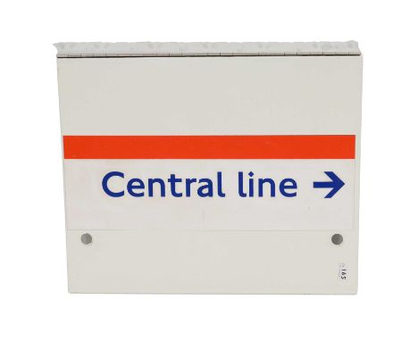 TFL London Underground 'Central Line' platform direction signage, enamel, with direction arrow facing right, hinged top rail,