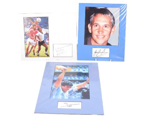 Football: three signaturesDiego Maradona, signed on single index card, mounted with colour photographGary Lineker, signed on 