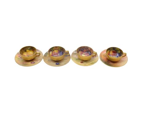 Suite of four Royal Worcester fruit decorated teacups and saucers, 1920's, variously painted by John Flexman, Walter Austin, 