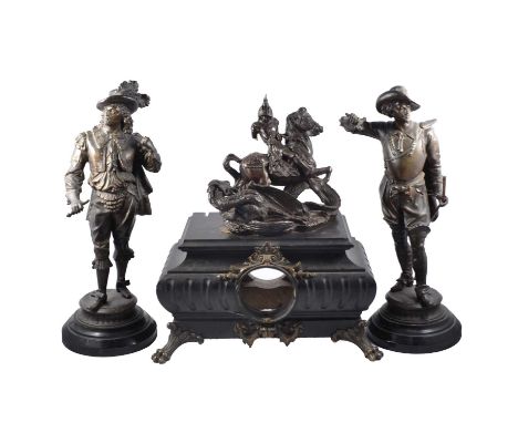 Pair of large patinated spelter figures of cavaliers, 51cm (some losses) and a slate mantel clock body with bronze mounts, an