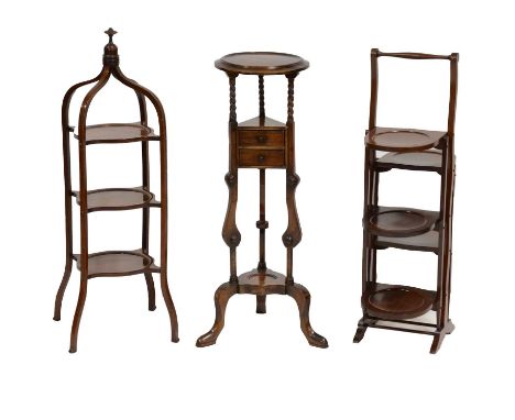 Edwardian inlaid mahogany three shelf cake stand, a walnut folding cake stand, a Georgian style shaving stand, height 97cm, a