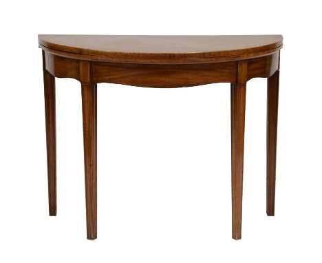 George III mahogany demi-lune card table, square tapering moulded legs, width 96cm, depth 44cm, height 74cm.