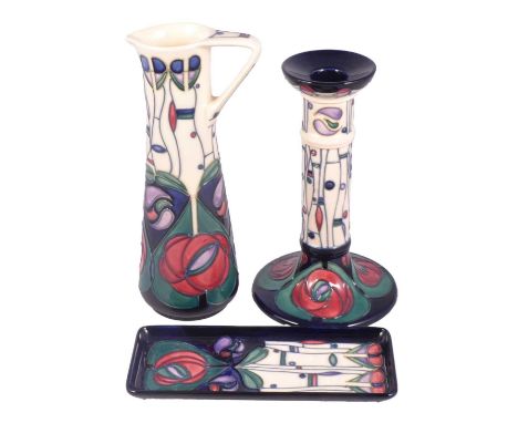 Rachel Bishop for Moorcroft Pottery, three pieces in the 'Tribute to Charles Rennie Mackintosh' pattern including tall ewer, 