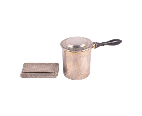 French silver covered milk pan, 18th or 19th Century, cylindrical form with circular cover, fruitwood handle, marked with Gre
