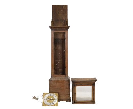 Oak cased longcase clock, case with cavetto cornice, turned columns, long door, bracket feet, 31cm square brass dial signed D