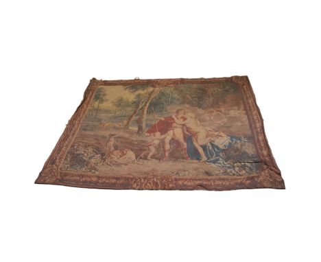 Large machine made tapestry, some damage, 266x323cm.Please note, VAT is applicable on the hammer price as well as Buyer's Pre