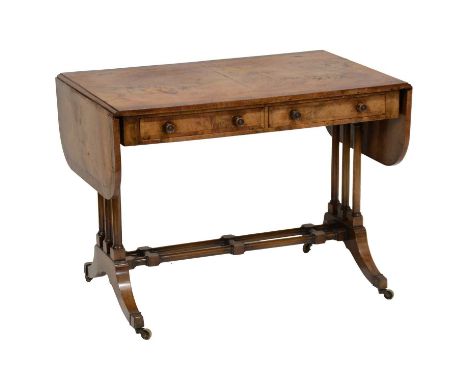 Regency style walnut sofa table, two drop leaves, two drawers, turned columns, splayed legs on casters, width 96cm, depth 62c