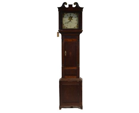 Georgian oak longcase clock, painted square dial with date aperture, maker and numerals mostly rubbed, the case with mahogany