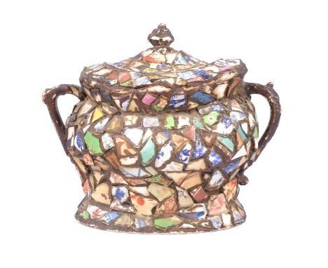 Large Victorian pottery sucrier and cover, with mosaic finish using broken fragments of other porcelain and china, old repair