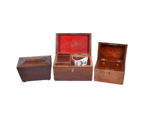Georgian mahogany tea caddy, 24cm, and two Victorian tea caddies.Qty: 3