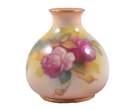 Royal Worcester small vase, signed by Millie Hunt, painted with Hadley roses, shape 2491, 7cm.