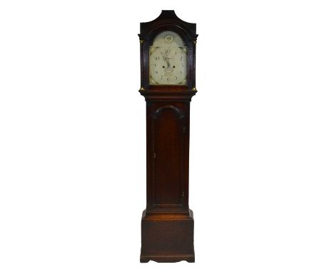 Oak longcase clock, arched painted dial signed W Tasker, Baldock, with date aperture and second dial, eight day two-chain mov