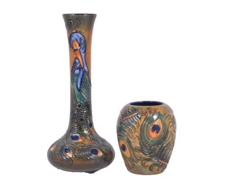 Rachel Bishop for Moorcroft Pottery, 'a 'Phoenix' pattern vase, 1st quality, 21cm, and another vase with peacock feature desi