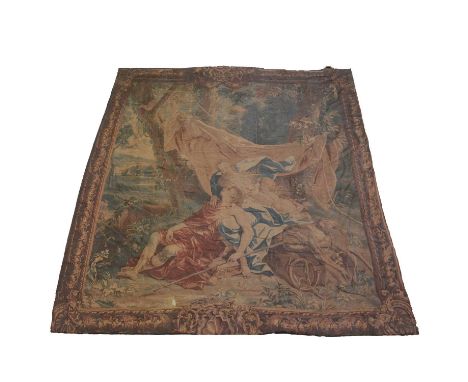 Large machine made tapestry, some damage 273x245cm.Please note, VAT is applicable on the hammer price as well as Buyer's Prem