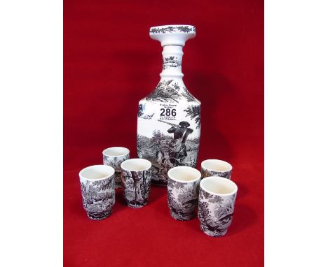 VILLEROY & BOCH CERAMIC DECANTER & 6 CUPS, DECORATED WITH HUNTING SCENES
