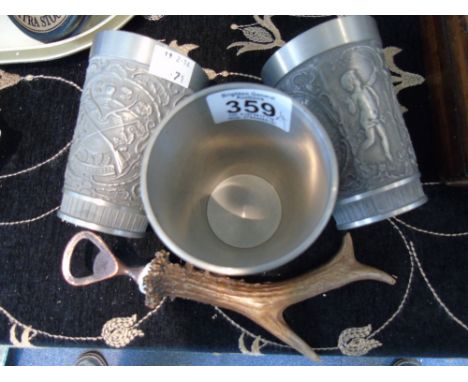 3 PEWTER HUNTING SCENE BEAKERS AND STAG HORN OPENER