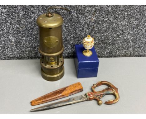 Lamp &amp; limelight miners lamp together with a miniature faberge style egg &amp; cast metal handled naval scissors with cov