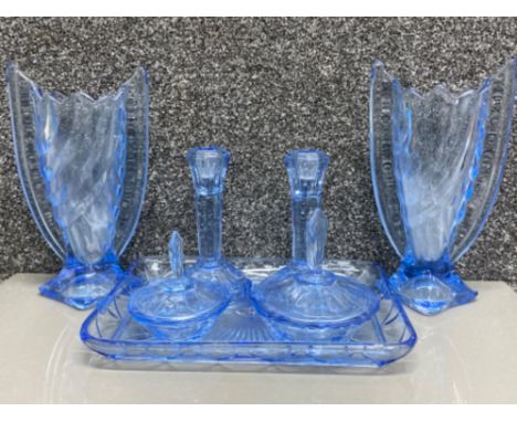 Vintage 7 piece blue glass dressing table set