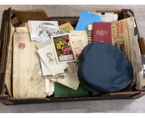 Vintage postcards, hat, newspapers etc