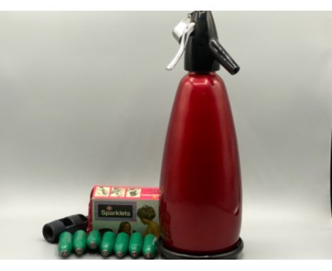 Vintage Boc water siphon in striking red together with 7 canisters