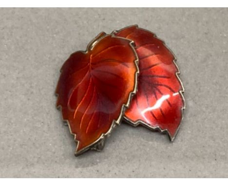 David Anderson sterling silver and red enamel rare double leaf brooch 6.5g gross