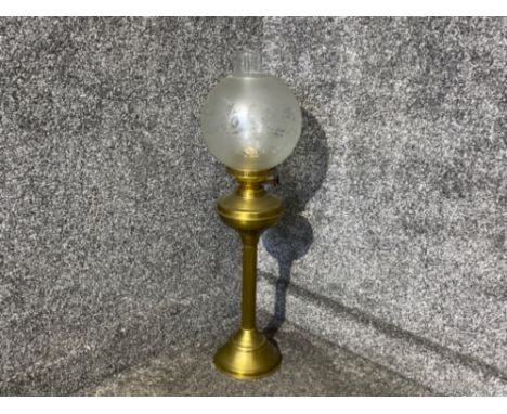 Antique brass based column oil lamp with glass globe shad &amp; chimney